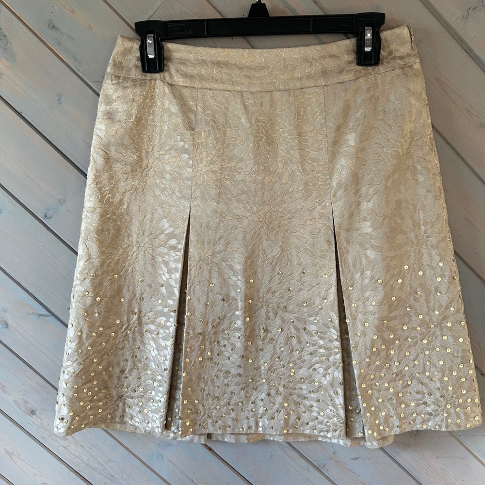 Ann Taylor Skirt 2P Gold Jacquard Sequin Pleated A-Line Champagne Metallic